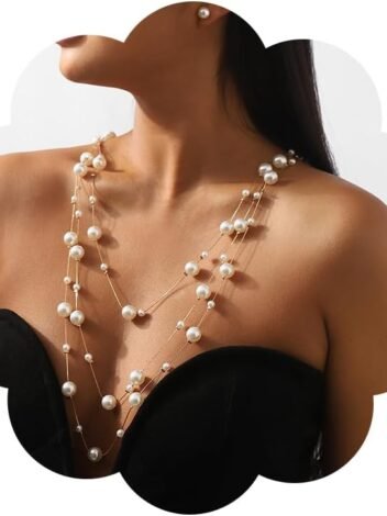 Long Pearl Necklaces Three-Strand Long Chains Pearl Beads Necklaces Earrings Set Dainty Multiple Strands Long Necklace With Pearl Earrings for Wedding Party