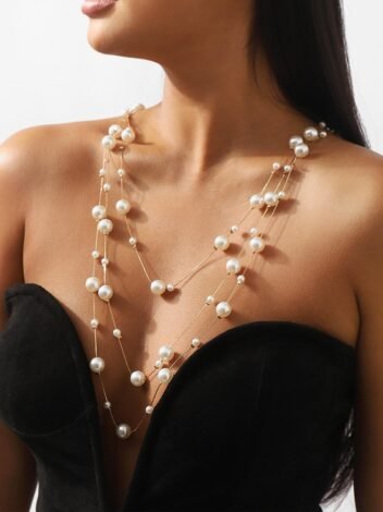 Long Pearl Necklaces Three-Strand Long Chains Pearl Beads Necklaces Earrings Set Dainty Multiple Strands Long Necklace With Pearl Earrings for Wedding Party